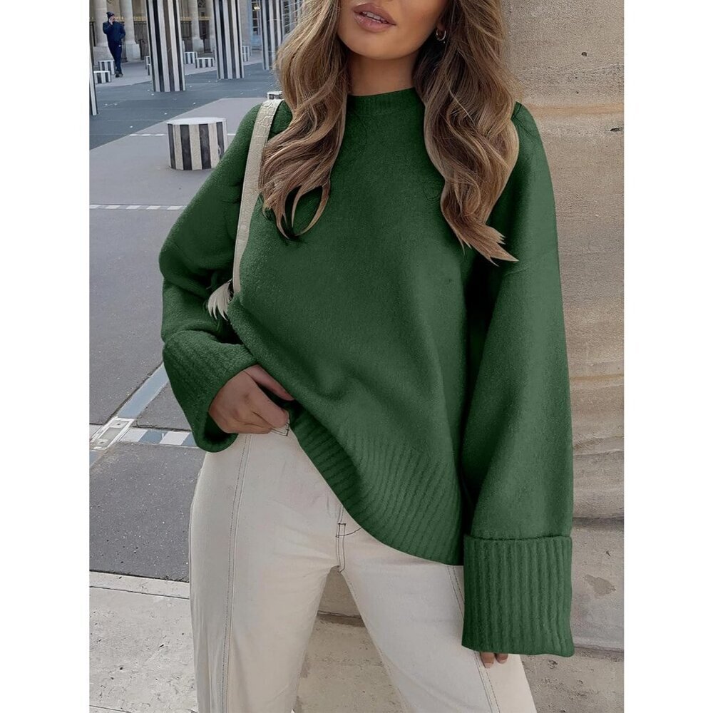 Women's Army Green Oversized Long Sleeve Casual Fuzzy Knit Sweaters - Picture 2 of 8